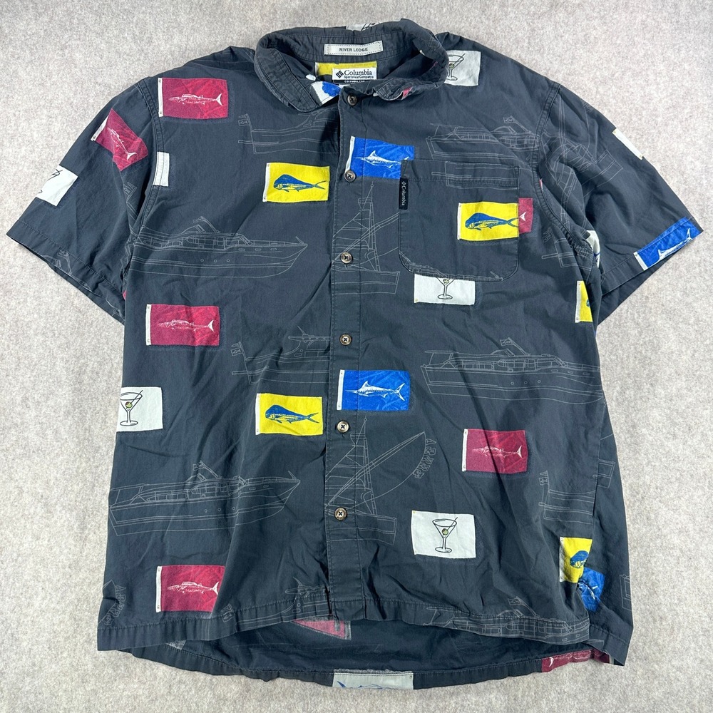 Columbia River Lodge Mens Fishing Flag Print Short Sleeve Shirt Gray Size Large